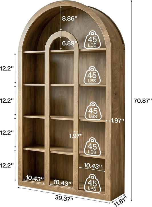 Tribesigns 71" Tall Bookshelf, 5-Tier Arched Bookcase with Open Shelves, Vintage Free-Standing Display Shelves with Rustic Wood Finish for Living Room, Office, Bedroom, Rustic Brown