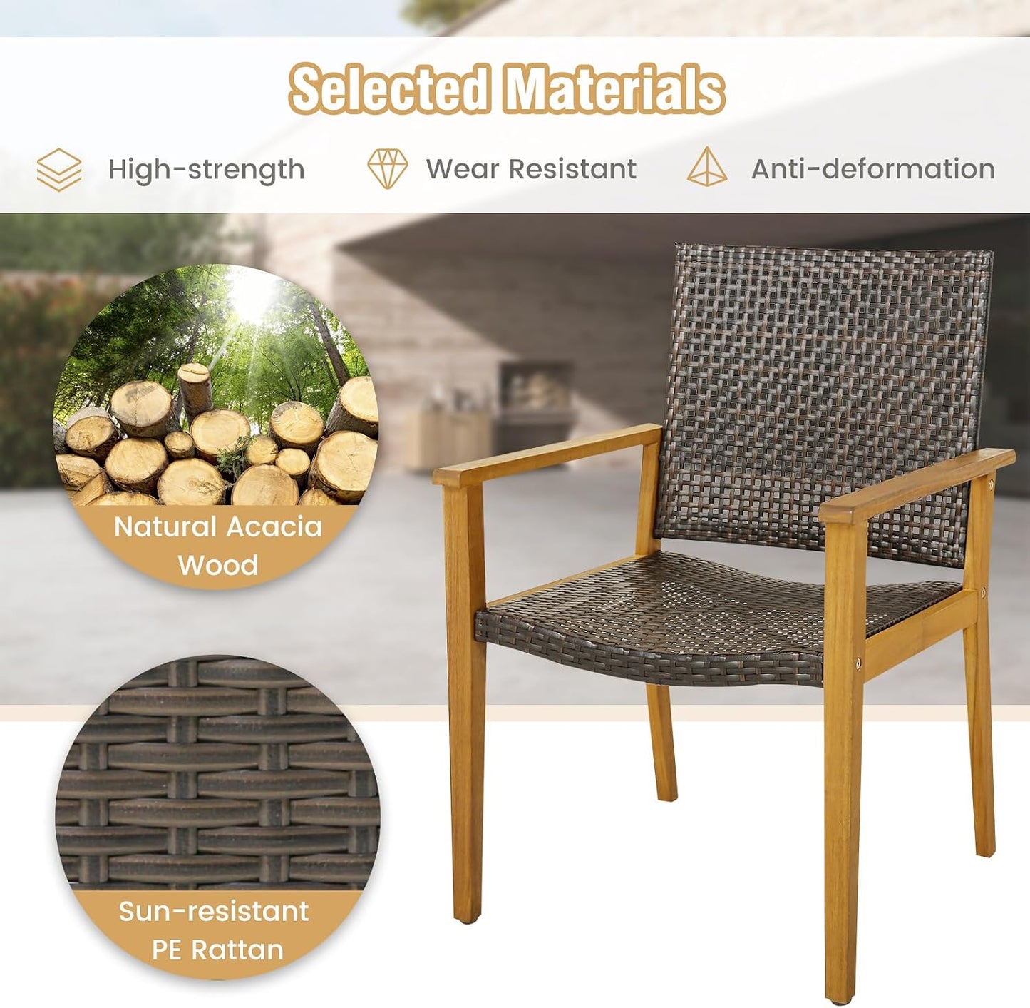 Tangkula 5 Pieces Patio Dining Set, 4 Patio Wicker Armchairs and Round Acacia Wood Dining Table, Outdoor Table and Chairs Set for Backyard, Poolside, Garden