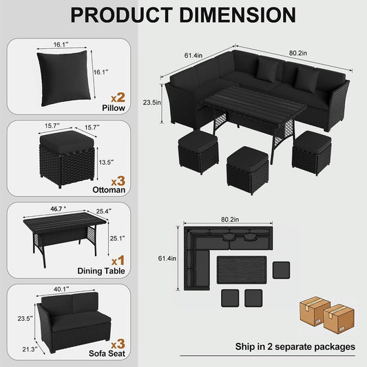 LOUVIXA 7 Pieces Patio Furniture Set, Outdoor Patio Furniture, Wicker Conversation Set with Dining Table, Chairs and Ottoman (17 Modern Black)