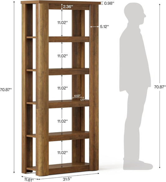 Tribesigns 6-Tier 71" Tall Book Shelf, Rustic Open Bookshelf, Vintage Bookcase, Floor Standing Display Storage Shelves for Study Room, Living Room, Home Office, Bedroom, Brown