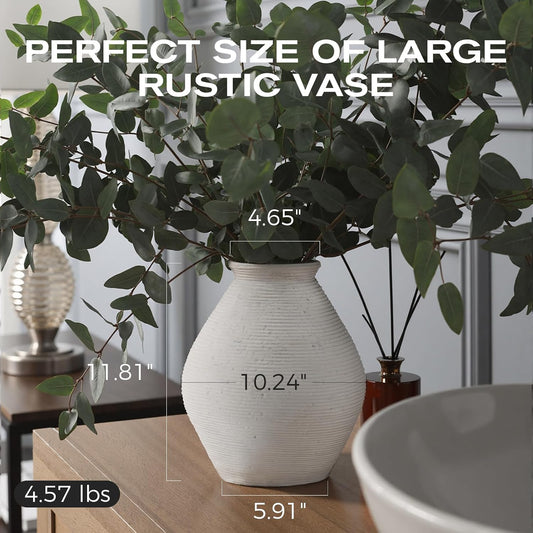 Ceramic Large Rustic Round Vase-11.8" Beige Pottery Textured White Ceramic Vase-Big Terracotta Vase Large Vases for Decor Living Room, Farmhouse Decor, Bedroom, Bathroom-(Off-White)