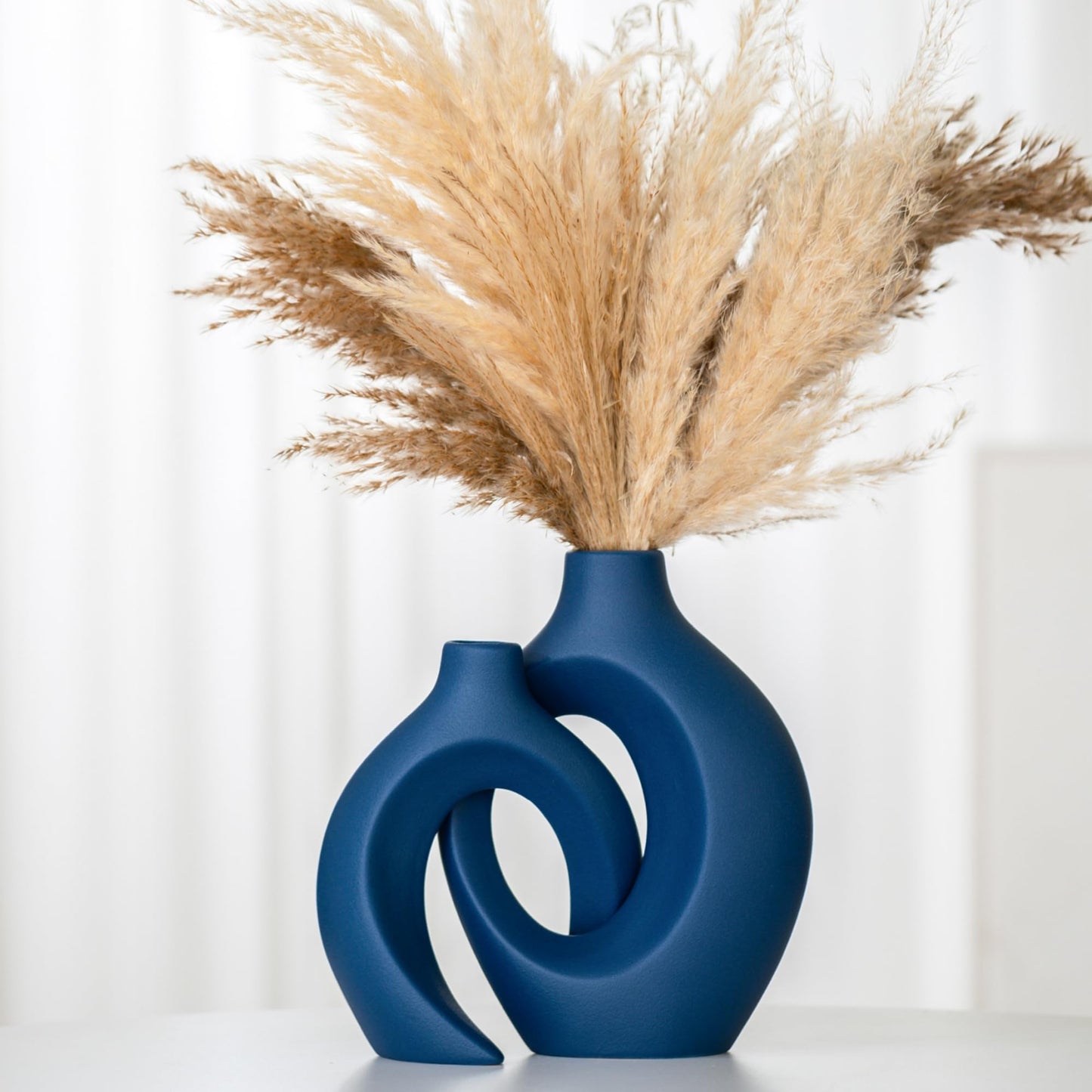 Lvases Snuggle Hollow Ceramic Vase Set of 2, 11Inch Nordic Modern Boho ins Style Decorative Ceramic Aesthetic Flower Vases for Home Decor Living Room Shelf Table Decorative (Matte Navy Blue)