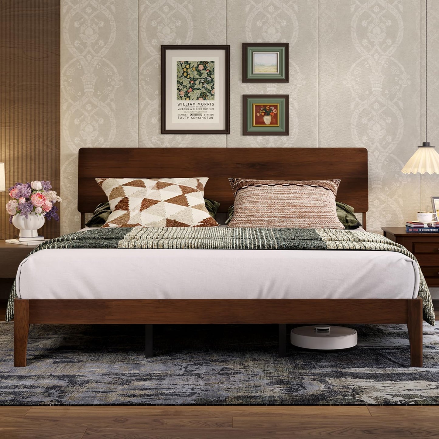 Novilla Full Size Bed Frame with 3-Level Adjustable Storage Headboard, Solid Wood Platform Bed Frame with Slats, No Box Spring Needed, Noise Free, Walnut Finish for Master Bedroom and Guest Room