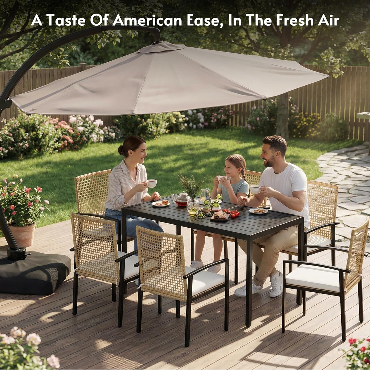 7-Piece 6-Seater Wicker Patio Dining Set with Aluminum Woodgrain Table & Cushioned Chairs