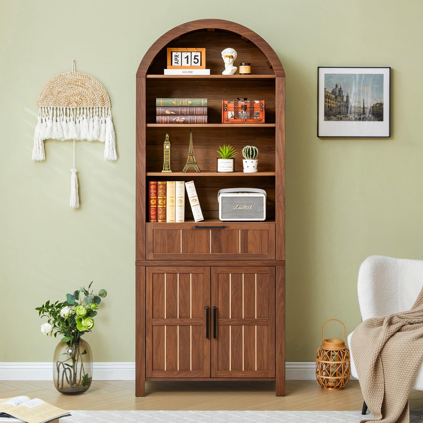 Janmer Home 71" Tall Arched Bookcase with Doors | 6-Tier Mid-Century Modern Arched Bookshelf Storage Cabinet | Adjustable Shelves | Freestanding Display Shelf for Living Room, Office (Natural)