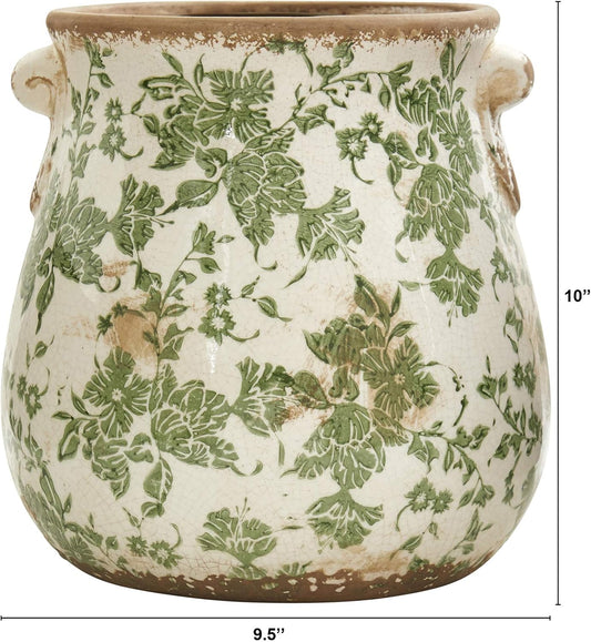 Nearly Natural 10in Ceramic Decorative Vase, Tuscan Style Green Scroll Design for Indoor Home Shelf Table Decor