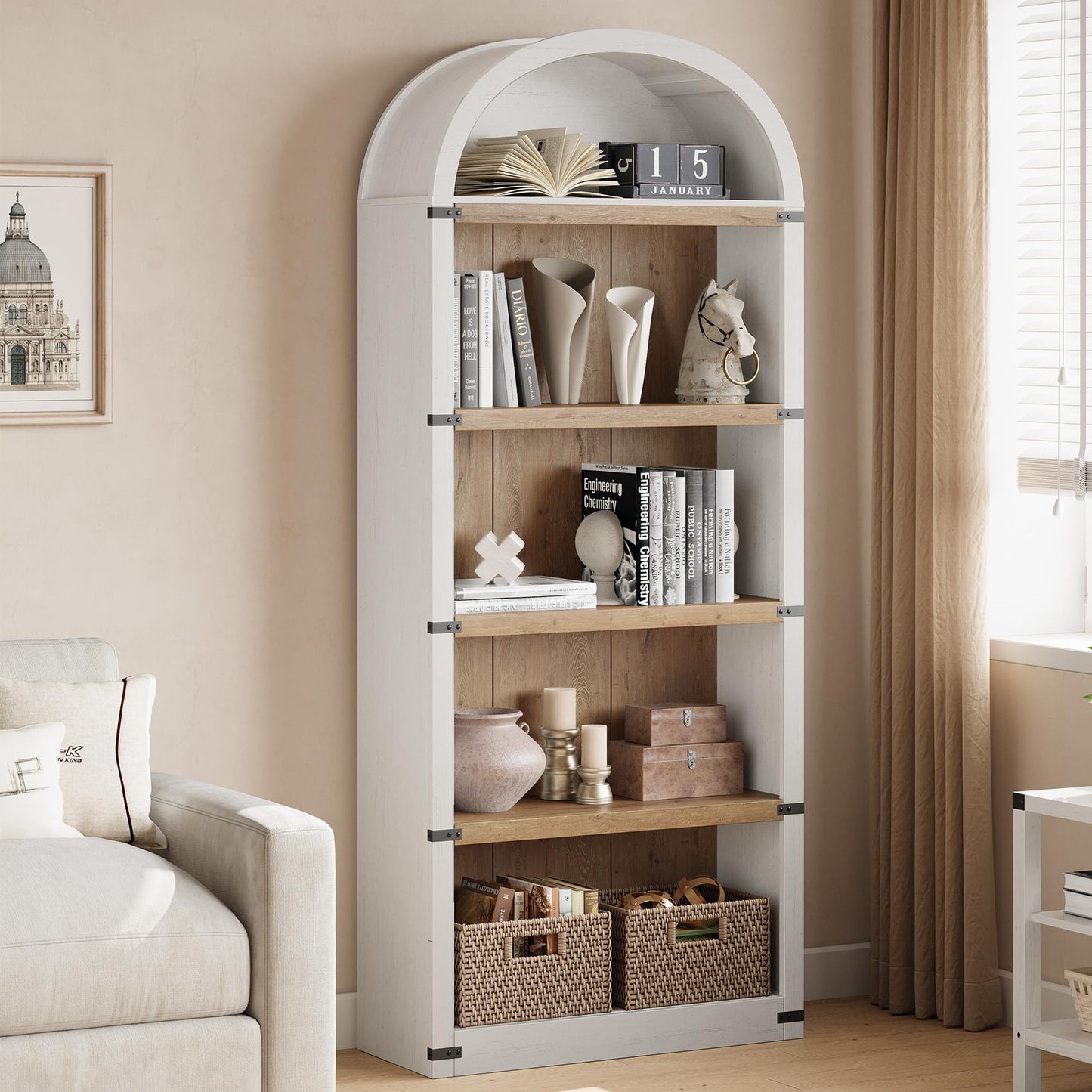 GarveeHome Bookcase 5 Shelf Arched Bookshelf 71.65 in Tall Bookcase Farmhouse Display Storage Rack Wooden Bookshelves for Home Office, Living Room