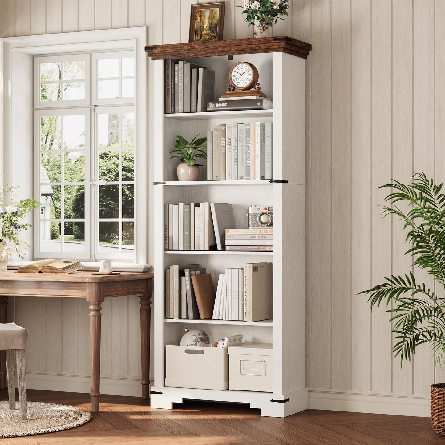 61.1" White 5 Tier Farmhouse Storage Bookshelf with Adjustable Shelf