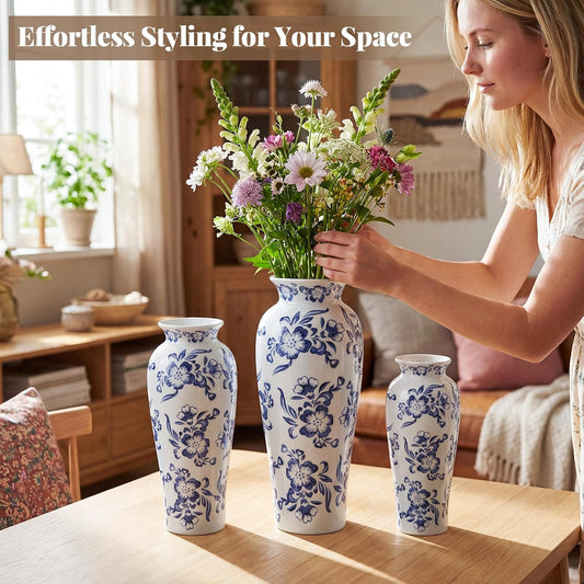 LemonRoad 3 Pack Chinoiserie Vases Porcelain Blue and White Vases for Flowers Pottery Chinoiserie Ceramic Vase for Living Room Mother's Day Decor Table Centerpiece, 6.7", 8.3", 10"(Lotus)