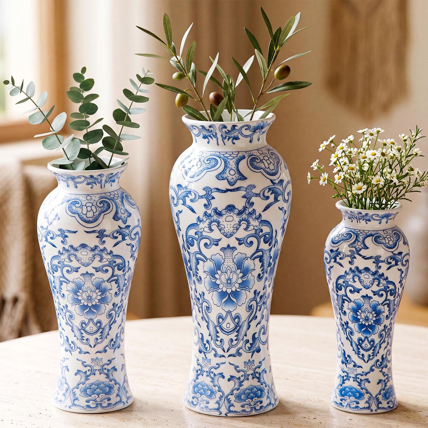 LemonRoad 3 Pack Chinoiserie Vases Porcelain Blue and White Vases for Flowers Pottery Chinoiserie Ceramic Vase for Living Room Mother's Day Decor Table Centerpiece, 6.7", 8.3", 10"(Lotus)