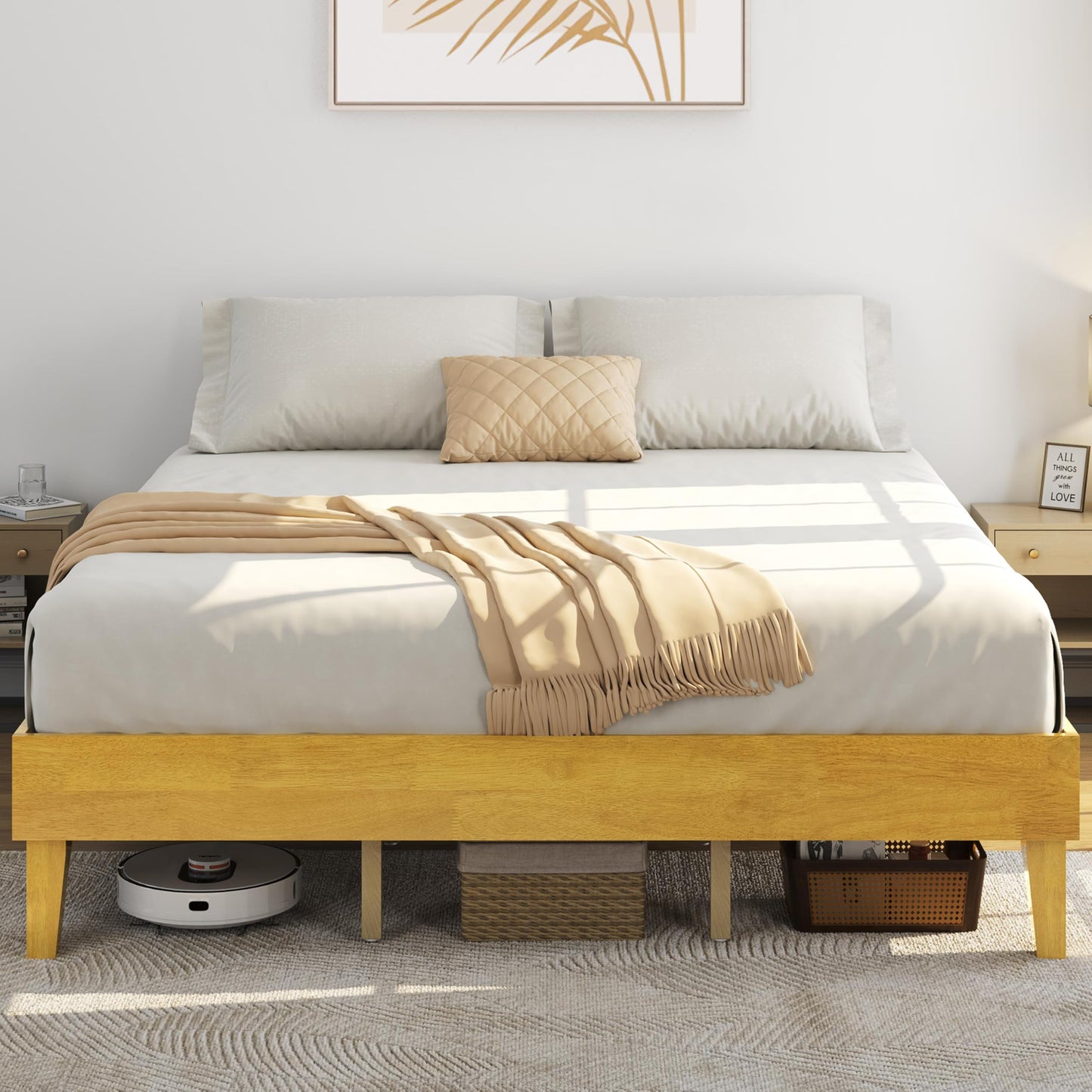 Yaheetech Full Bed Frame Natural Solid Wood Platform Bed with Wooden Slats Support, 12-inch Underbed Space for Storage, Noise-Free Design, Easy Assembly, Dark Walnut Finish
