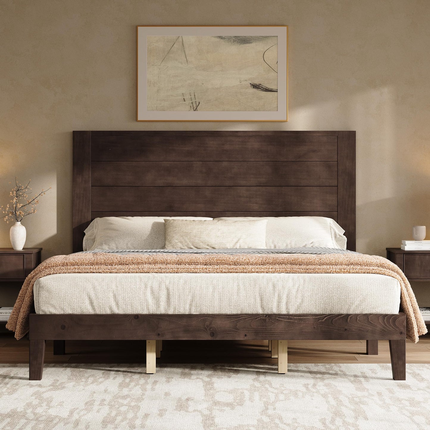 AMERLIFE Queen Size Bed Frame with 48" Tall Headboard, Mid Century Modern Solid Wood Platform Bed with Silent Wood Slat System, No Box Spring Needed, Under-Bed Storage, Dark Walnut