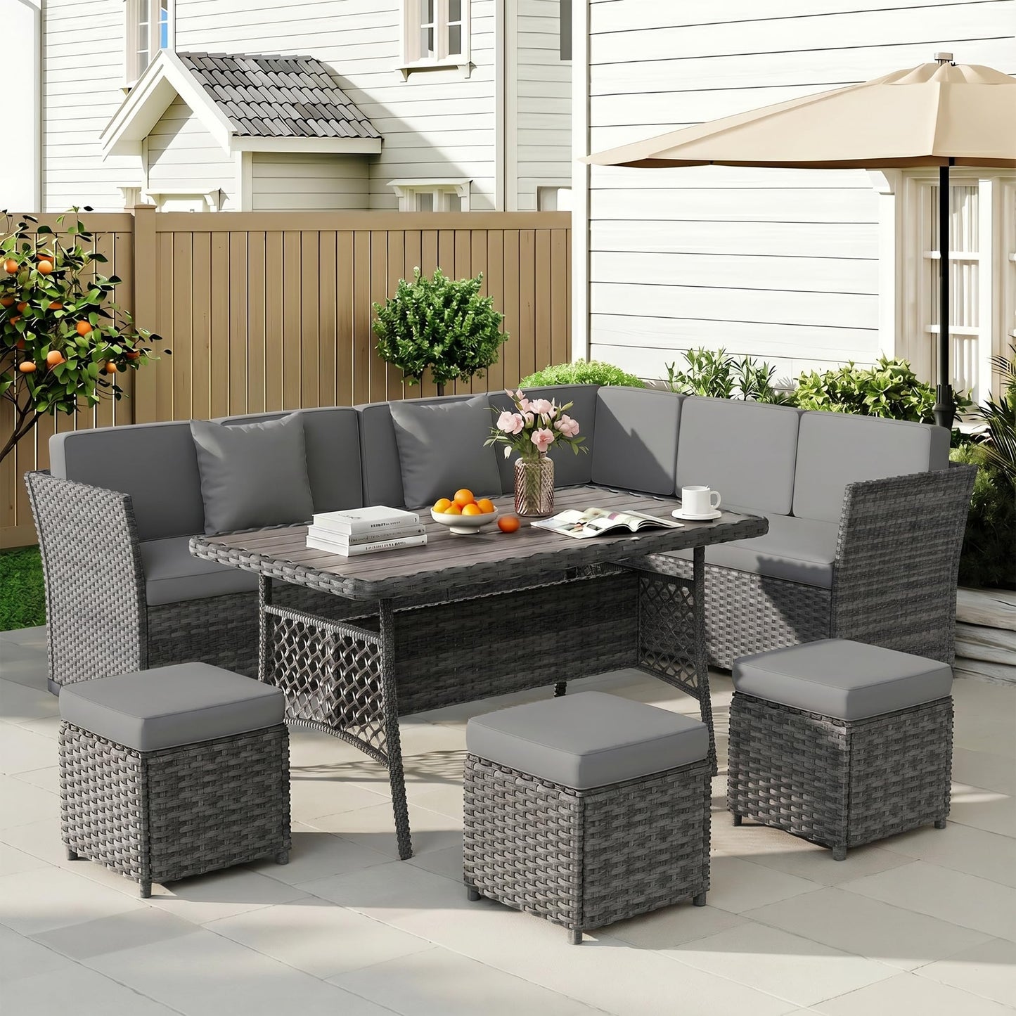 LOUVIXA 7 Pieces Patio Furniture Set, Outdoor Patio Furniture, Wicker Conversation Set with Dining Table, Chairs and Ottoman (17 Modern Black)