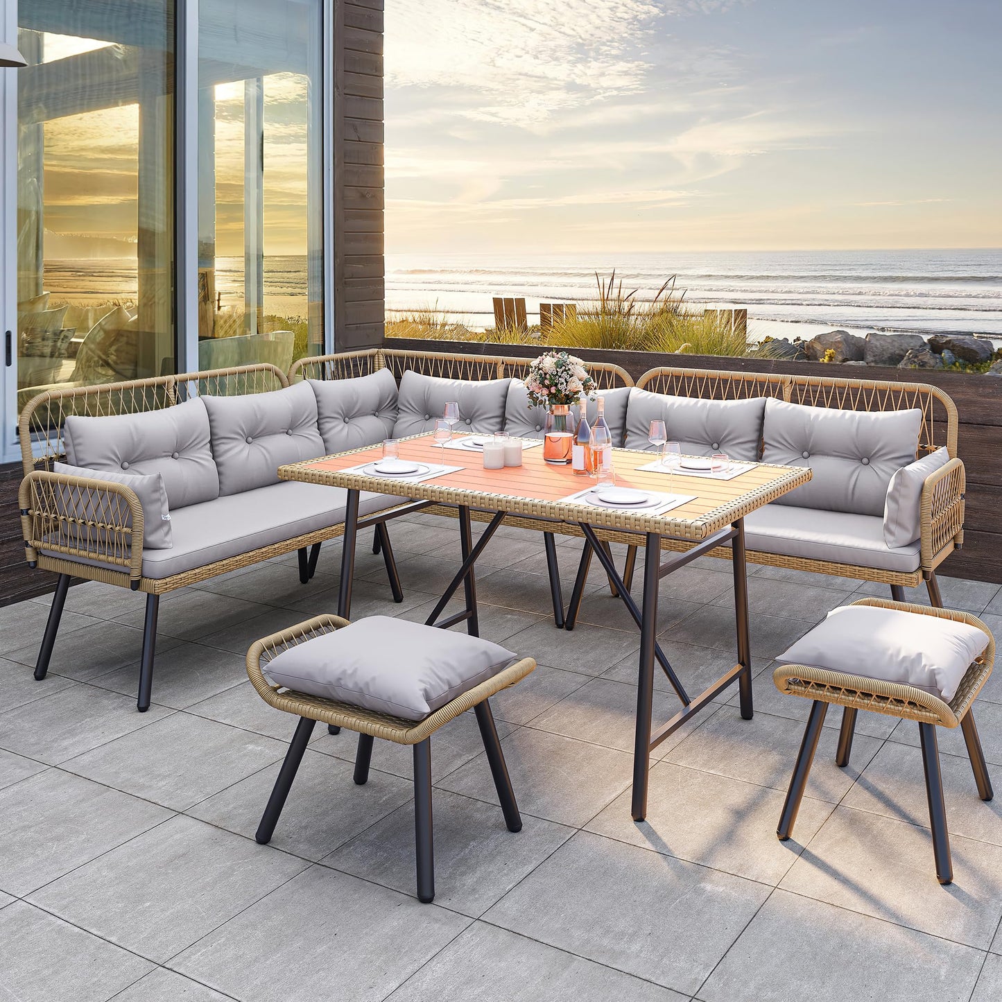 YITAHOME L-Shaped Patio Furniture Set, All-Weather Rattan Outdoor Conversation Sofa with Soft Cushions, Ottomans & Plastic Wood Dining Table for Backyard Deck, Light Brown + Black