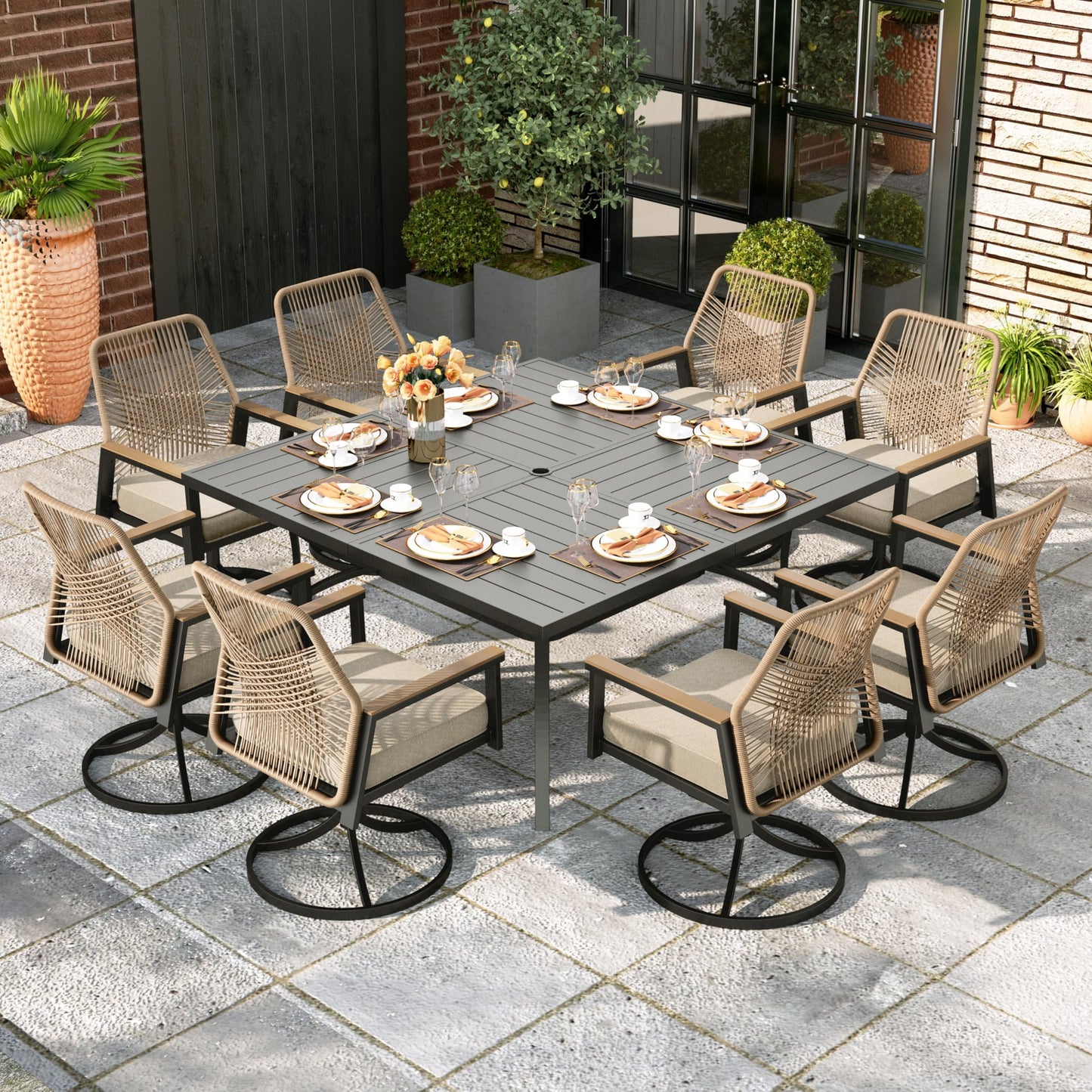 MIXPATIO 7 Pieces Round Outdoor Dining Set for 6, Patio Dining Set Wicker Rattan Chairs with Soft Cushion and 54" Round Table with Umbrella Hole, Round Patio Table and Chairs for Backyard Porch