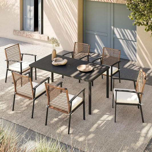 LAUSAINT HOME 7 Pieces Patio Dining Set, Outdoor Furniture Set of 6 Chairs with Soft Cushion and Iron Slats Table Top with Umbrella Hole, Conversation Set for Backyard, Garden and Poolside