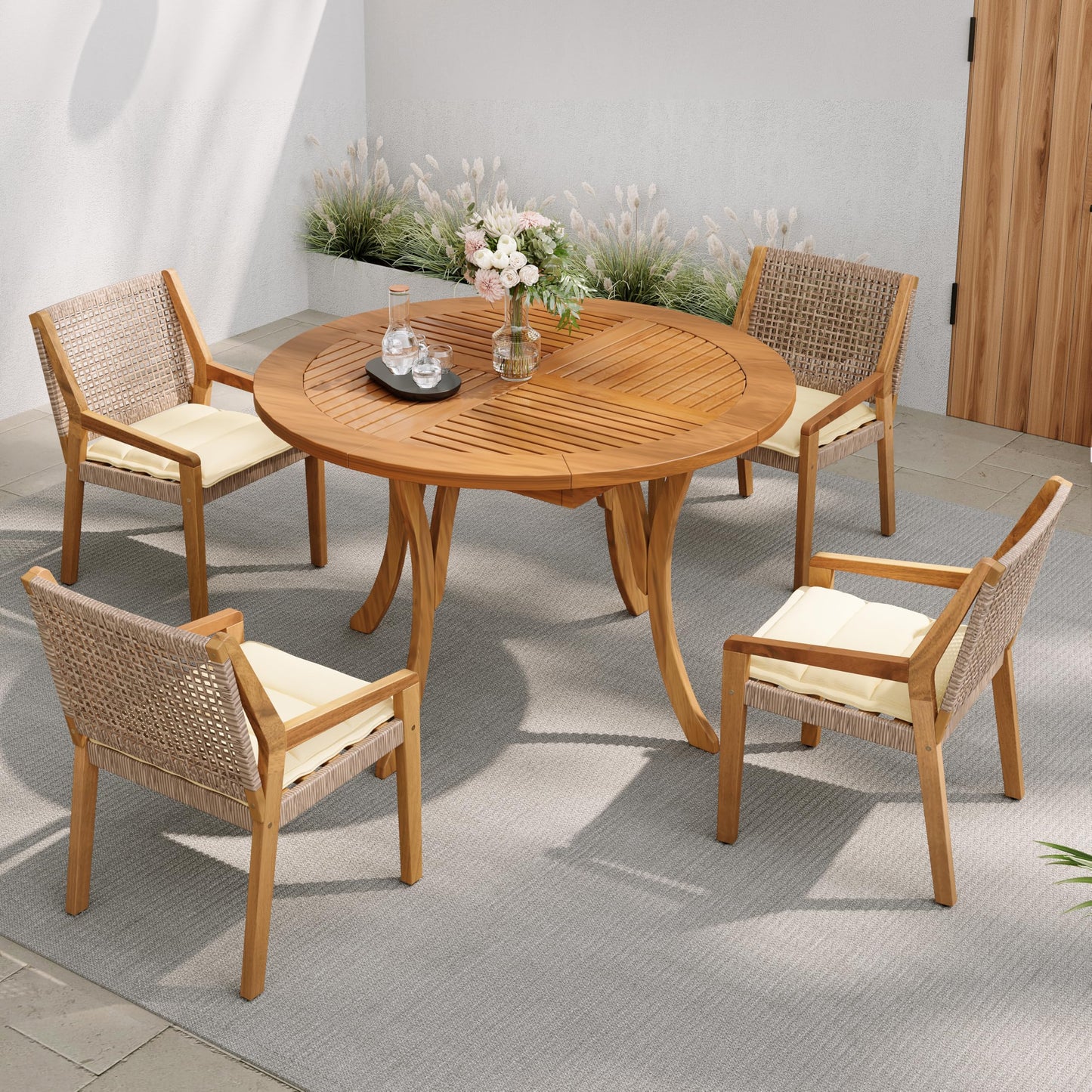 Christopher Knight Home Verle Wooden Patio Dining Set for 4, Acacia Wood Outdoor Dining Table Set for 4, 5 Piece Outdoor Dining Set with Round Table and Armchair with Seat Cushion, Teak+Grey