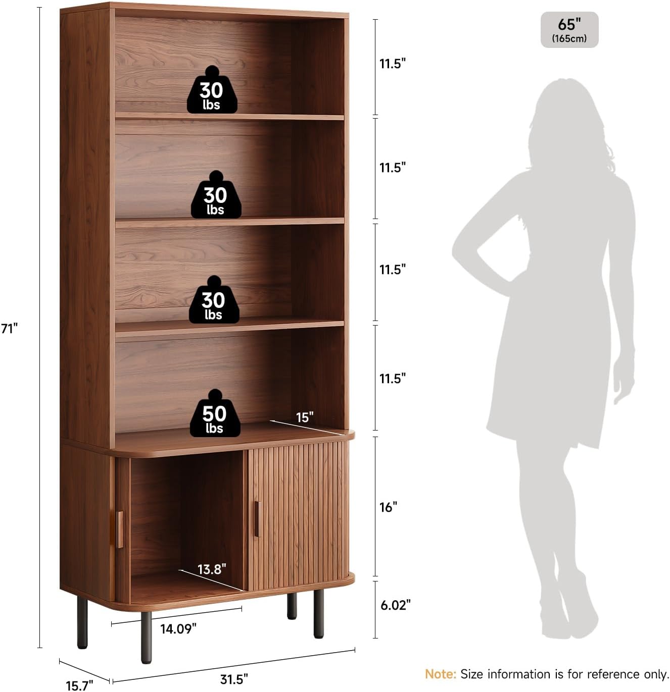 ONBRILL 71" Tall Bookshelf, 4-Tier Bookcase with Storage Cabinet & Adjustable Storage Shelf, Freestanding Wood Bookshelf with Sliding Door and Adjustable Footpad, for Home Office, Living Room, Walnut