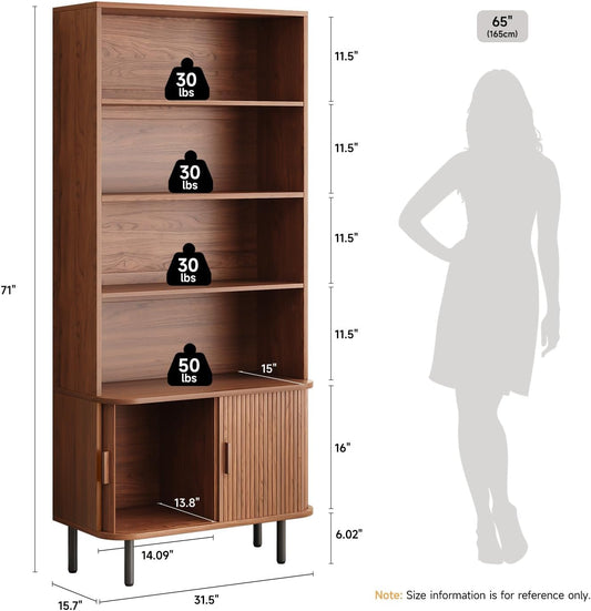 ONBRILL 71" Tall Bookshelf, 4-Tier Bookcase with Storage Cabinet & Adjustable Storage Shelf, Freestanding Wood Bookshelf with Sliding Door and Adjustable Footpad, for Home Office, Living Room, Walnut