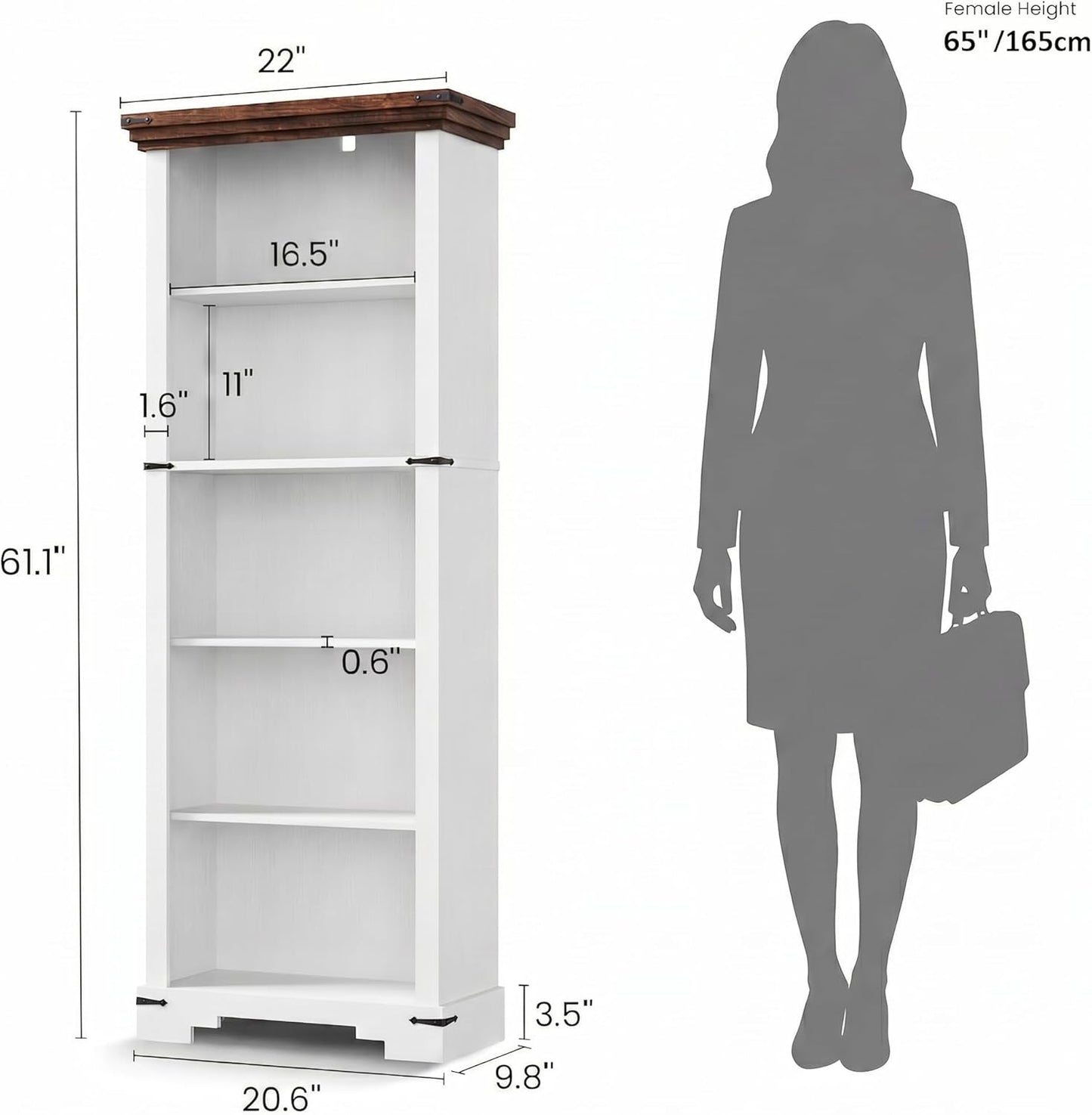 61.1" White 5 Tier Farmhouse Storage Bookshelf with Adjustable Shelf