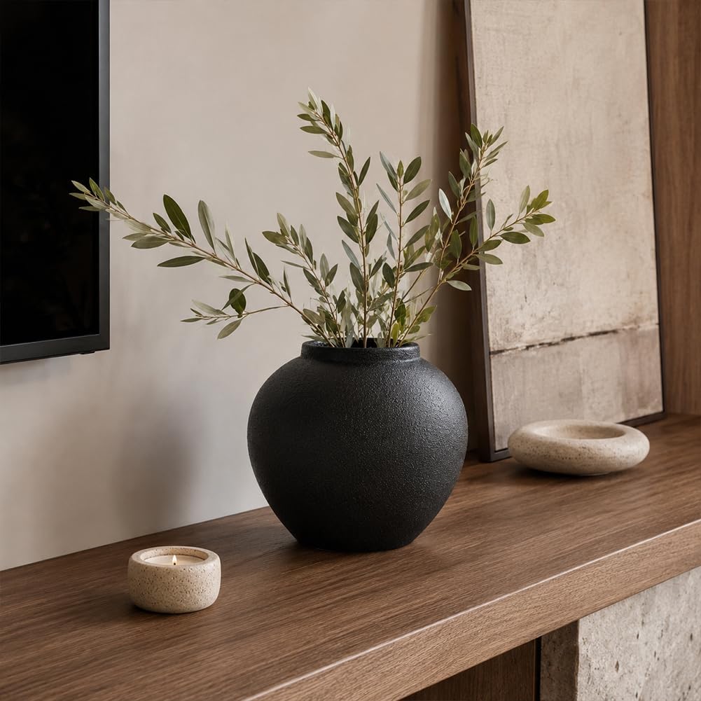 8.3″ Matte Textured Black Ceramic Vase – Modern Rustic Decorative Vase for Pampas Grass, Flowers & Greenery – Small Round Table Centerpiece for Living Room, Entryway, Shelf Decor