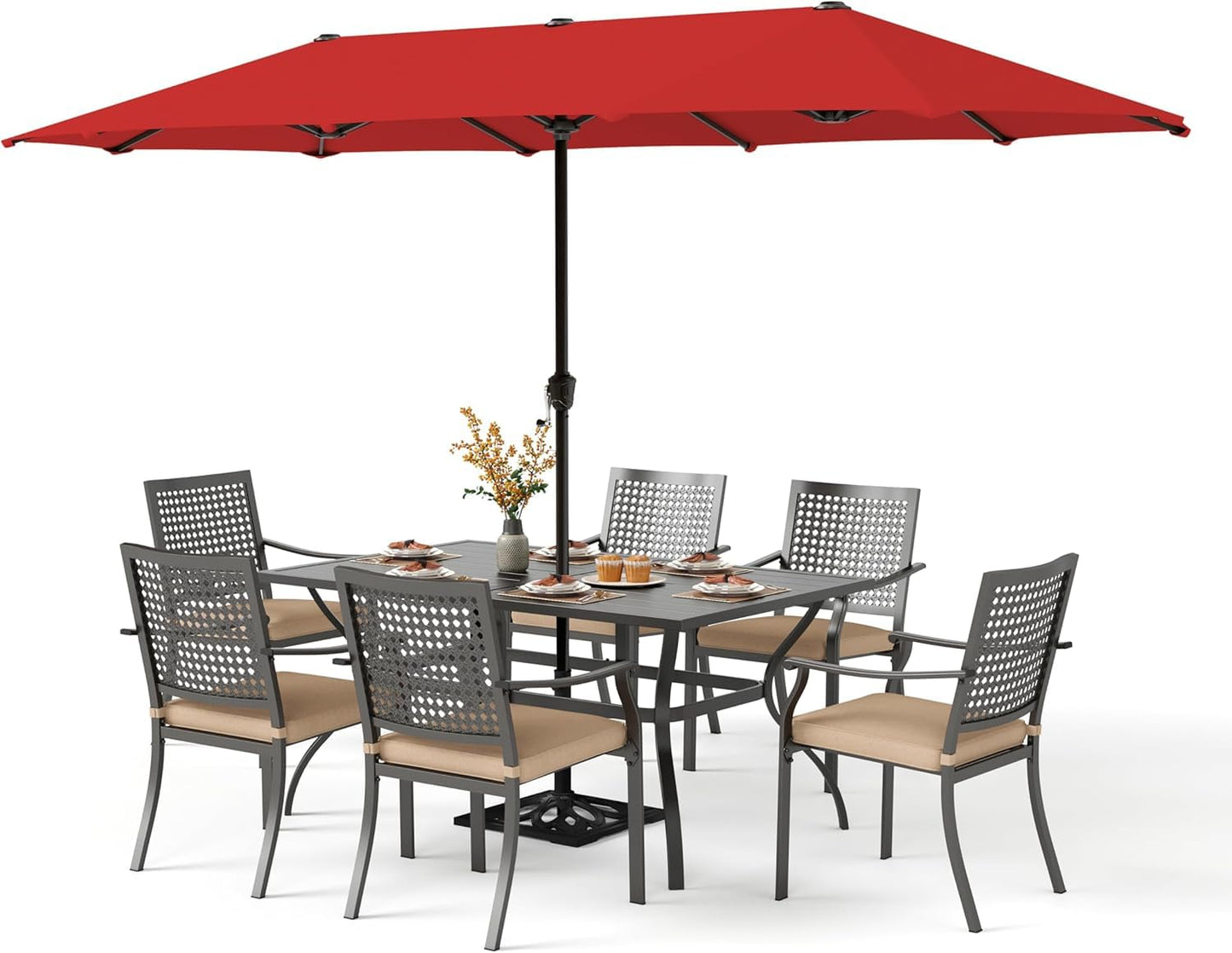 PHI VILLA 5 Pieces Outdoor Dining Set for 4 with Umbrella, 42" Large Round Metal Steel Table & Stackable Iron Chairs with Cushions & 10ft Beige Umbrella, Modern Furniture for Patio, Deck, Yard, Porch
