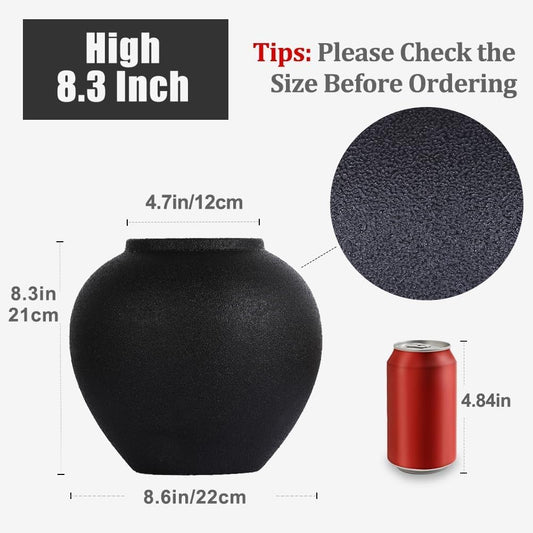8.3″ Matte Textured Black Ceramic Vase – Modern Rustic Decorative Vase for Pampas Grass, Flowers & Greenery – Small Round Table Centerpiece for Living Room, Entryway, Shelf Decor