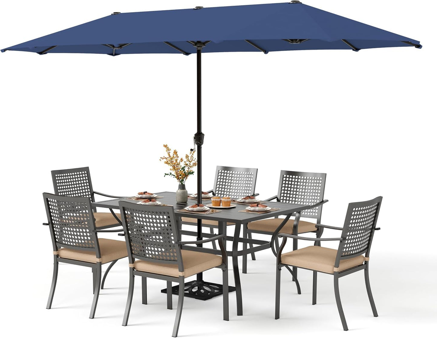PHI VILLA 5 Pieces Outdoor Dining Set for 4 with Umbrella, 42" Large Round Metal Steel Table & Stackable Iron Chairs with Cushions & 10ft Beige Umbrella, Modern Furniture for Patio, Deck, Yard, Porch