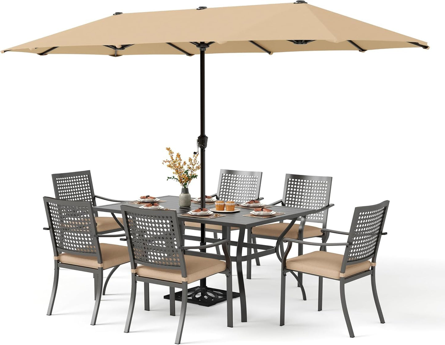 PHI VILLA 5 Pieces Outdoor Dining Set for 4 with Umbrella, 42" Large Round Metal Steel Table & Stackable Iron Chairs with Cushions & 10ft Beige Umbrella, Modern Furniture for Patio, Deck, Yard, Porch