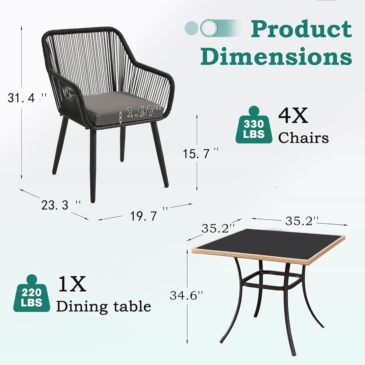 5-Piece Grey Black Wicker Outdoor Dining Set with Glass Table & Waterproof Cushions