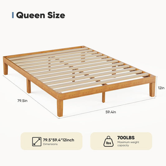 DUMOS Solid Wood Bed Frame, Queen Size Bed Base with Wooden Slat Support, Sturdy, Stylish & Noise-Free Design, No Box Spring Needed, Easy Assembly, 12 in Natural Pine