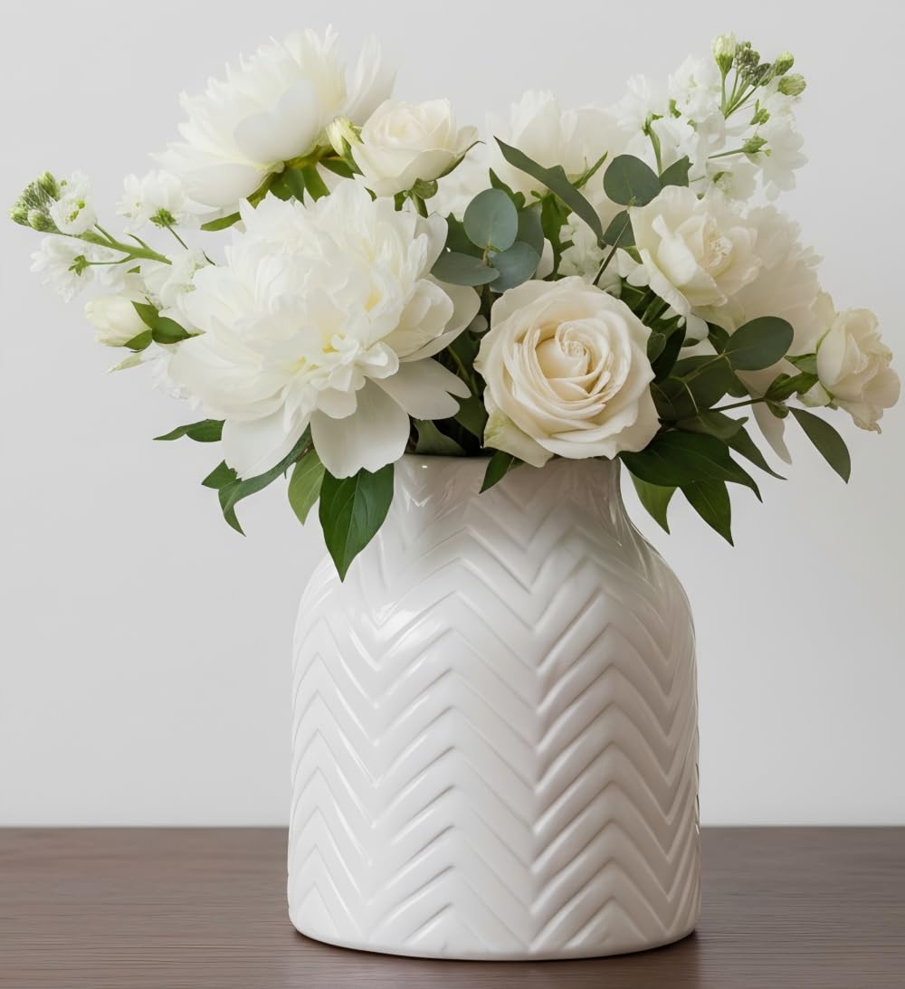 hjn Large White Vase for Flowers Ceramic Vase for Home Decor Tall Vases for Your Floor/Kitchen/Office/Living Room/Table- White Texture(Large)