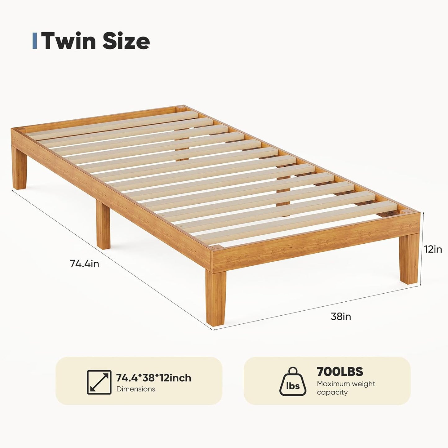 DUMOS Twin Bed Frame, Solid Wooden Bed Base with Wood Slat Support, Sturdy, Stylish & Noise-Free Design, No Box Spring Needed, Easy Assembly, 12 in Natural Pine