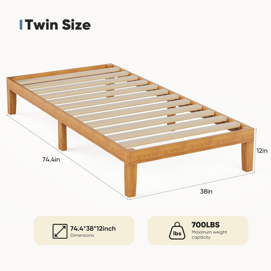 DUMOS Twin Bed Frame, Solid Wooden Bed Base with Wood Slat Support, Sturdy, Stylish & Noise-Free Design, No Box Spring Needed, Easy Assembly, 12 in Natural Pine