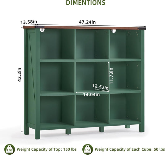 Joaxswe 9 Cube Storage Organizer, Farmhouse 47 Inch Wide Vintage Green Bookshelf, Wooden 3 Tier Display Large Open Book Shelf, Rustic Bookcase for Home Office, Cubby Storage Cabinet for Living Room