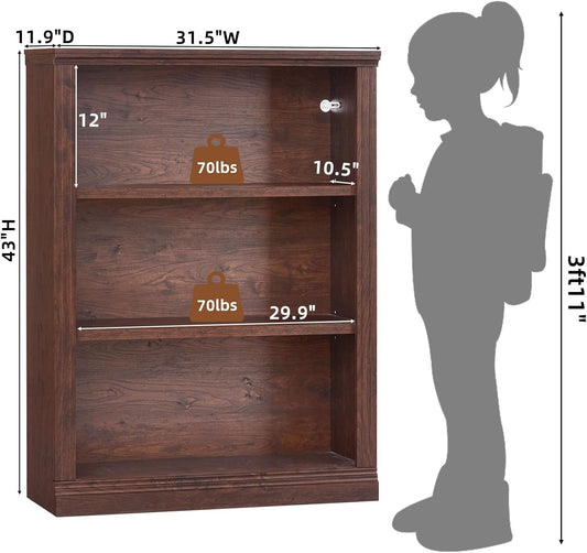 RWYHG 43" Walnut Tall Bookshelf,3-Tier Thick Wooden Book Shelf with Adjustable Shelves,Free Standing Farmhouse Bookcase with Open Display Storage,Floor Vintage Bookshelves for Living Room,Office
