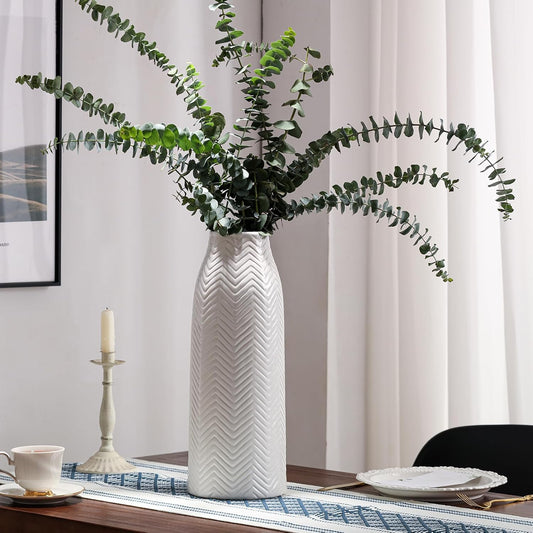 hjn Large White Vase for Flowers Ceramic Vase for Home Decor Tall Vases for Your Floor/Kitchen/Office/Living Room/Table- White Texture(Large)