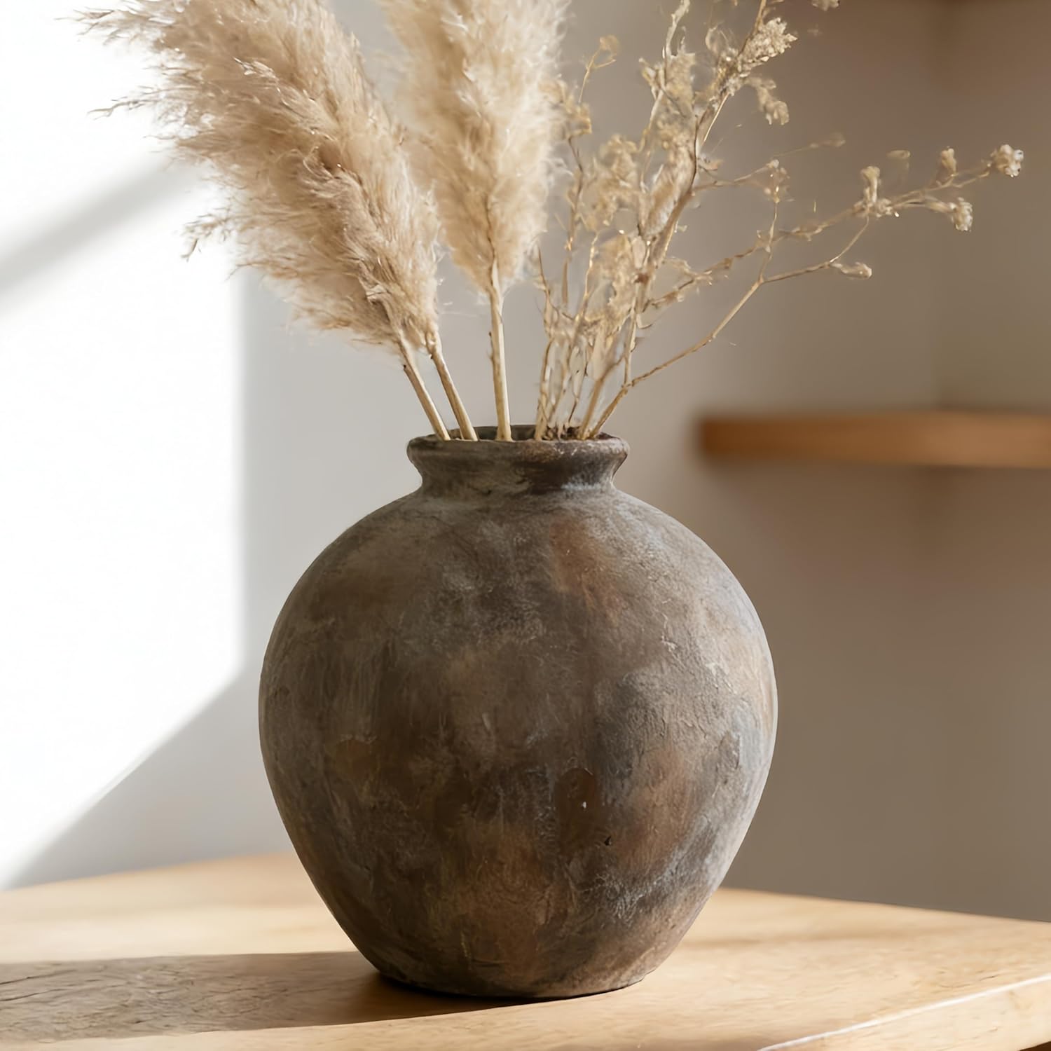 7.87 Inch Farmhouse Decor Ceramic Rustic Vase, Handmade Brown Pottery Flower Vase for Home Decor, Vintage Centerpiece Vase for Living Room & Kitchen, Ceramic Flower Vase for Table Decoration