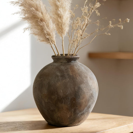 7.87 Inch Farmhouse Decor Ceramic Rustic Vase, Handmade Brown Pottery Flower Vase for Home Decor, Vintage Centerpiece Vase for Living Room & Kitchen, Ceramic Flower Vase for Table Decoration