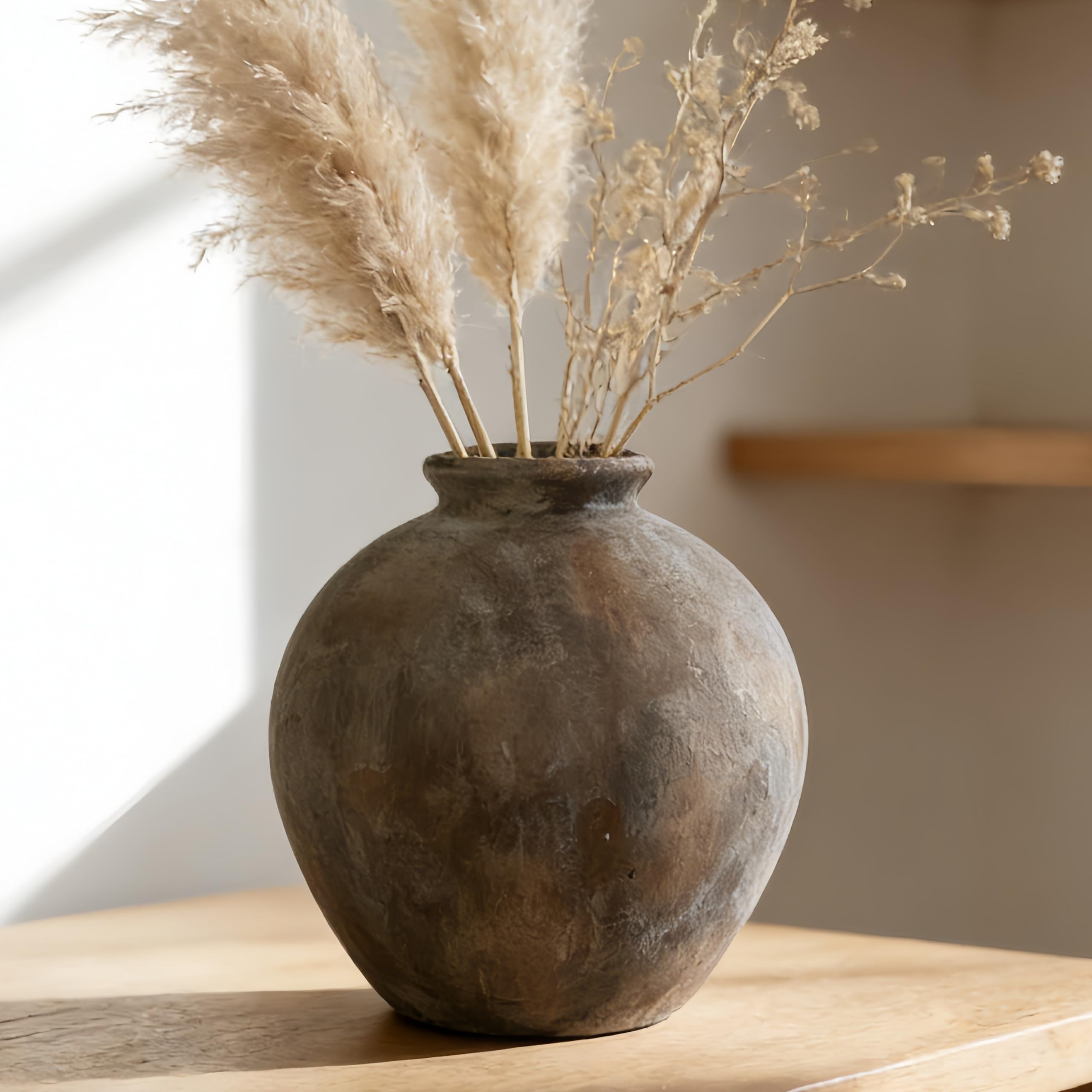 7.87 Inch Farmhouse Decor Ceramic Rustic Vase, Handmade Brown Pottery Flower Vase for Home Decor, Vintage Centerpiece Vase for Living Room & Kitchen, Ceramic Flower Vase for Table Decoration