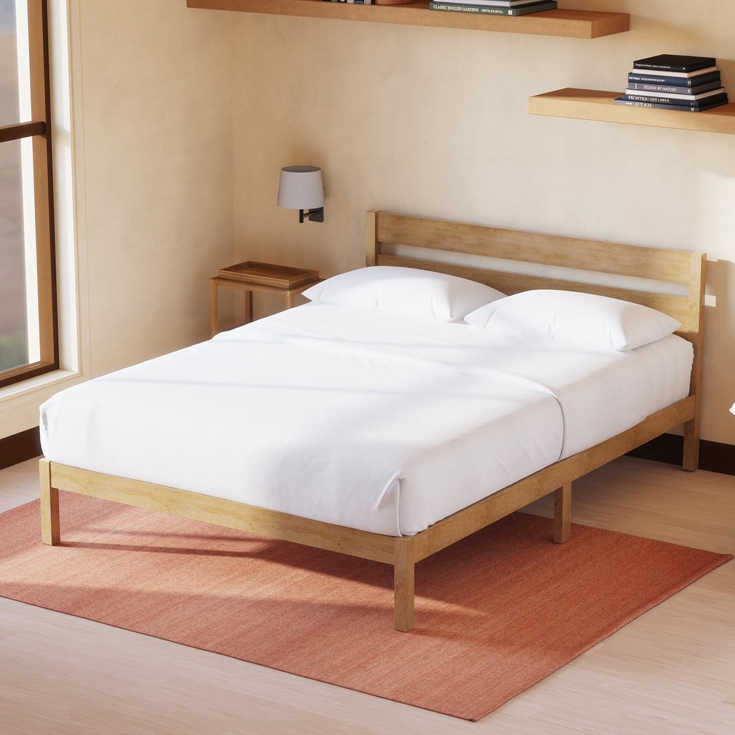Queen Cherry Wood Platform Bed with Headboard & Under Bed Storage