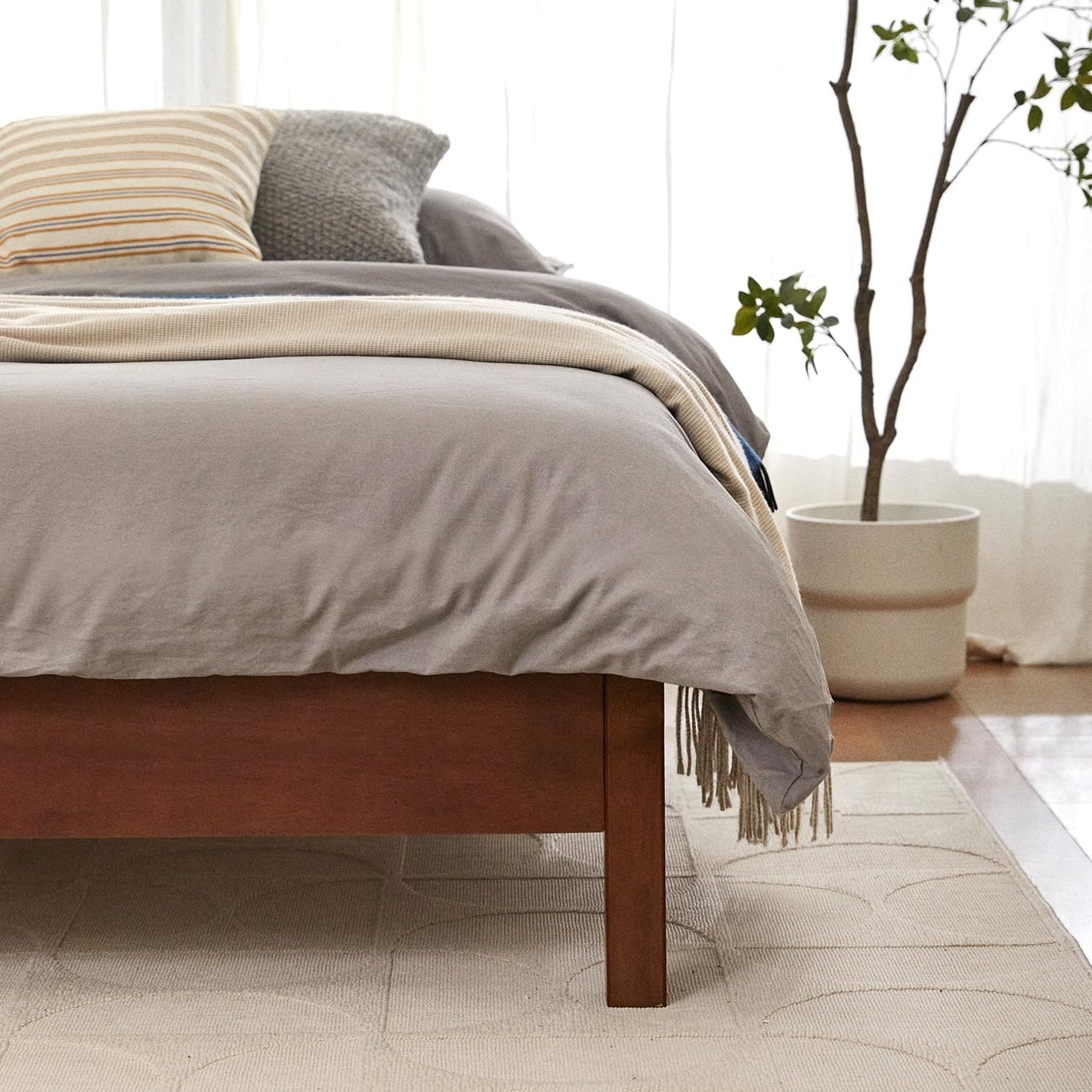 Queen Cherry Wood Platform Bed with Headboard & Under Bed Storage
