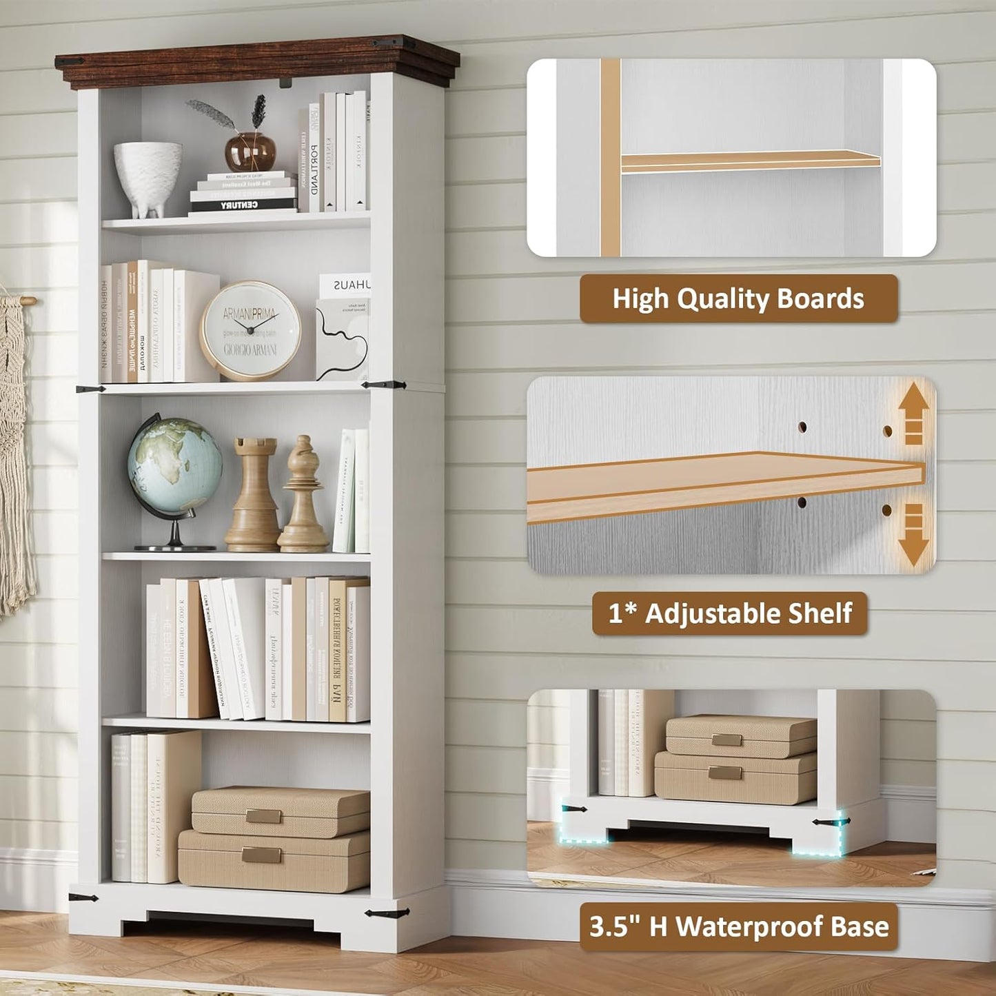 61.1" White 5 Tier Farmhouse Storage Bookshelf with Adjustable Shelf