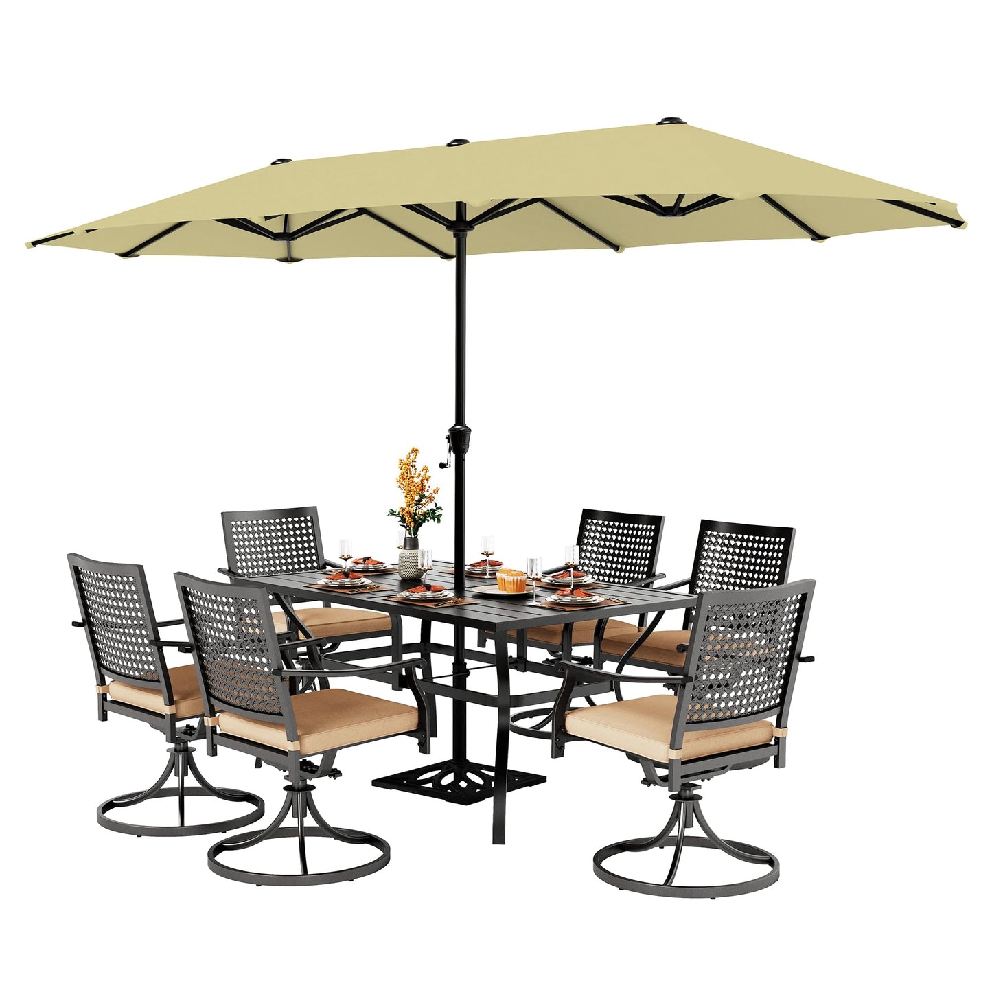 PHI VILLA 5 Pieces Outdoor Dining Set for 4 with Umbrella, 42" Large Round Metal Steel Table & Stackable Iron Chairs with Cushions & 10ft Beige Umbrella, Modern Furniture for Patio, Deck, Yard, Porch