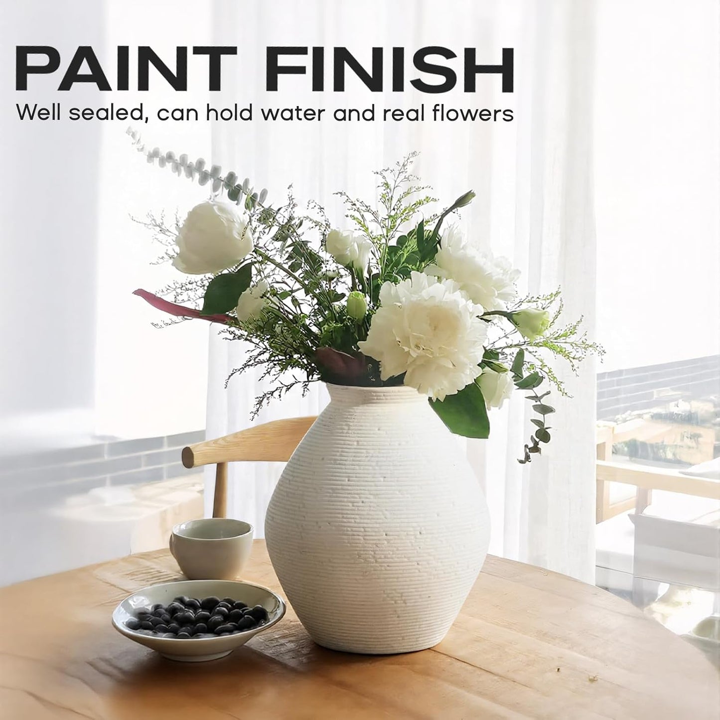 Ceramic Large Rustic Round Vase-11.8" Beige Pottery Textured White Ceramic Vase-Big Terracotta Vase Large Vases for Decor Living Room, Farmhouse Decor, Bedroom, Bathroom-(Off-White)