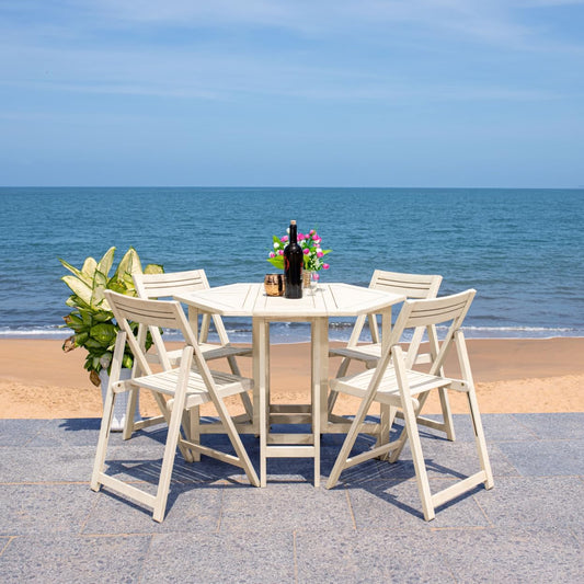 SAFAVIEH Outdoor Patio Furniture Collection Kerman White Washed Acacia Wood 5-Piece Foldable Patio Dining Set with Folding Table and 4 Director Chairs (PAT7000A)