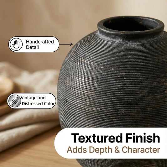 Black Ceramic Flower Vase, 9.8" H, Deep Charcoal Black | Large Round, Farmhouse Table Vase, Hand-made Textured, Minimalist, Rustic Vintage distressed color