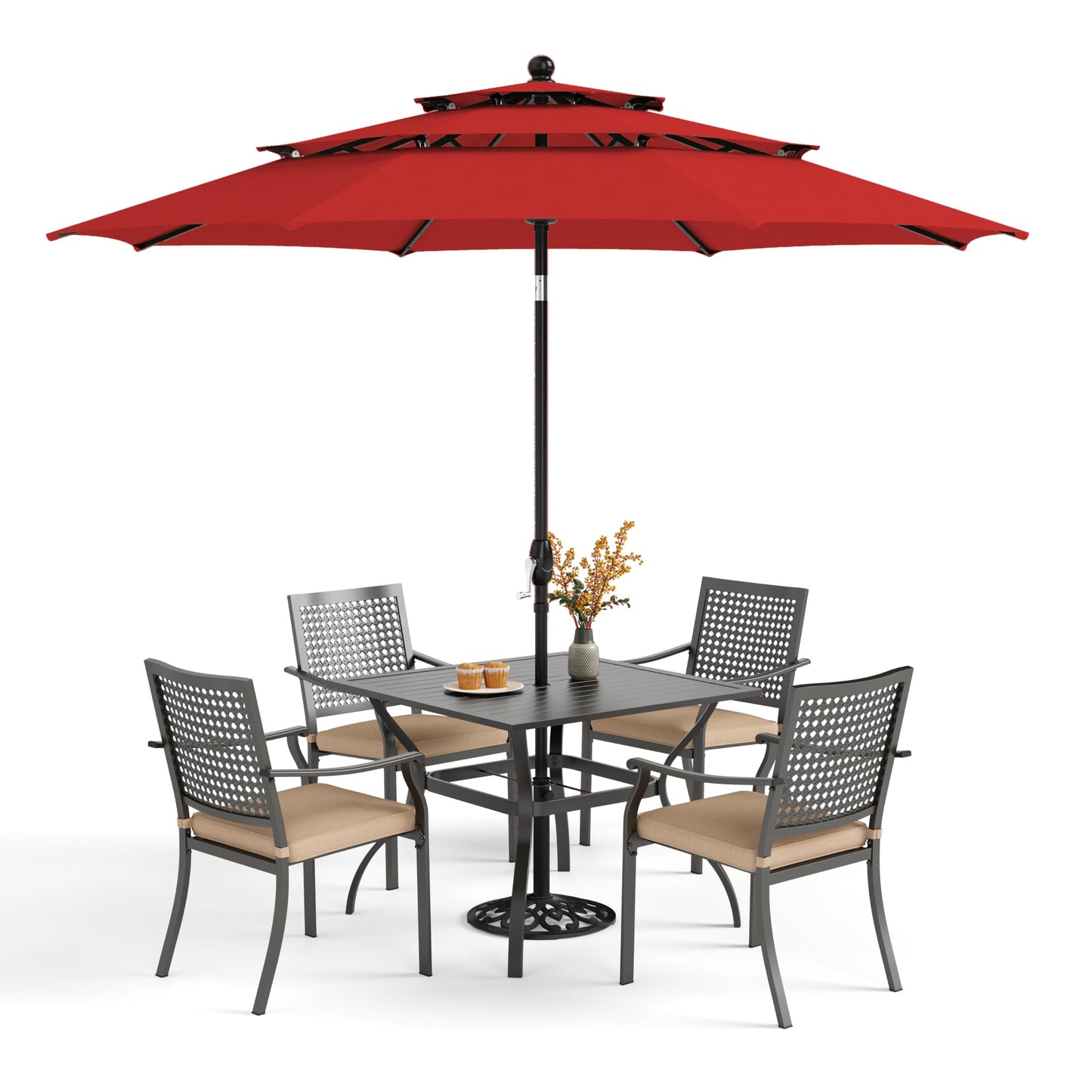 PHI VILLA 5 Pieces Outdoor Dining Set for 4 with Umbrella, 42" Large Round Metal Steel Table & Stackable Iron Chairs with Cushions & 10ft Beige Umbrella, Modern Furniture for Patio, Deck, Yard, Porch