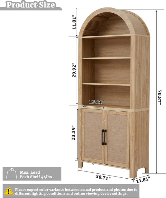 Janmer Home 71" Tall Arched Bookcase with Doors | 6-Tier Mid-Century Modern Arched Bookshelf Storage Cabinet | Adjustable Shelves | Freestanding Display Shelf for Living Room, Office (Natural)