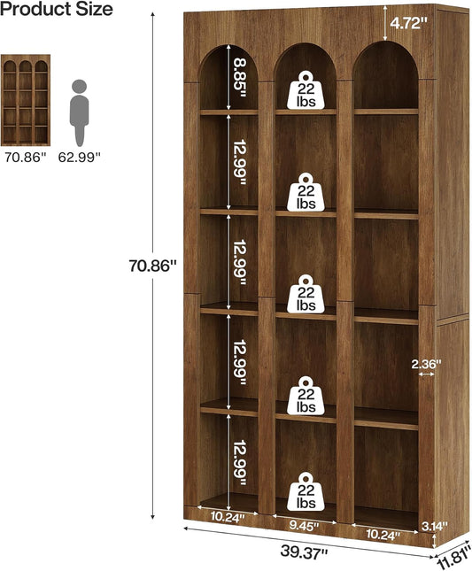 Tribesigns 70.87" Bookshelf, 5-Tier Arched Display Bookcase with Open Storage Shelves, Vintage Tall Bookshelves Organizer for Living Room, Bedroom, Home Office, Entryway (Walnut Brown)
